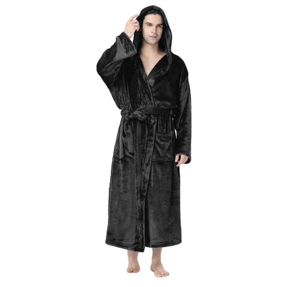 Awdenio Mens Pajama Robes Fleece Solid Casual Waist Tie Cardigan Skin-Friendly Pocket Long Sleeve Hooded Bathrobe Regular Fit