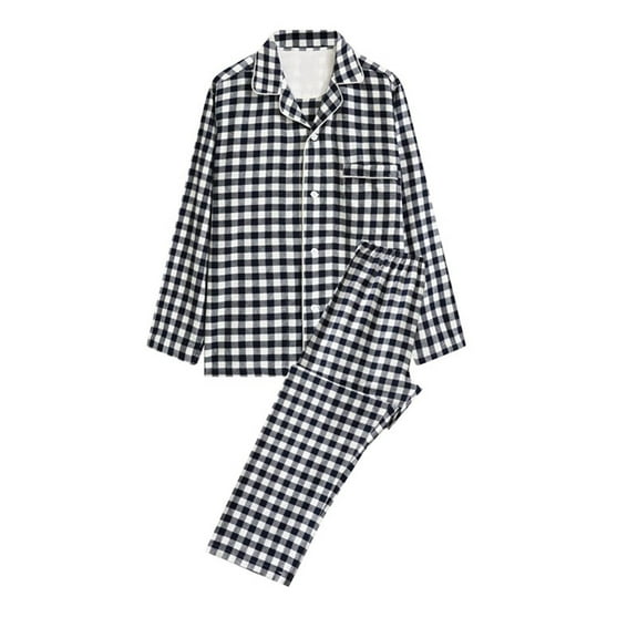 Awdenio Mens Pajama Sets Casual Plaid Print Homewear Breathable Long-Sleeve Tops Trousers Turndown Collar Night Pajamas Suits
