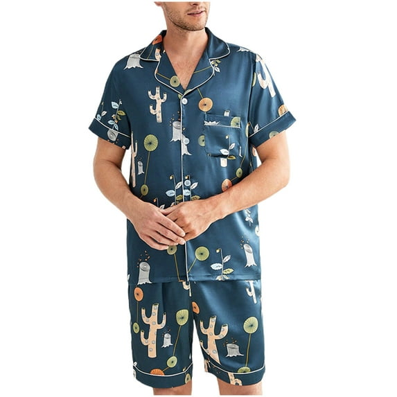 Awdenio Mens Pajama Sets Leopard Print Imitation Silk Pajama Set Button Lapel Thin Short Sleeve Top Shorts Home Wear Machine Washable