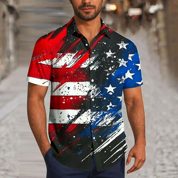 Awdenio Mens Shirts Casual American Eagle and Flag Print Men's Short Sleeve Casual Button Down Shirt for Men Holiday