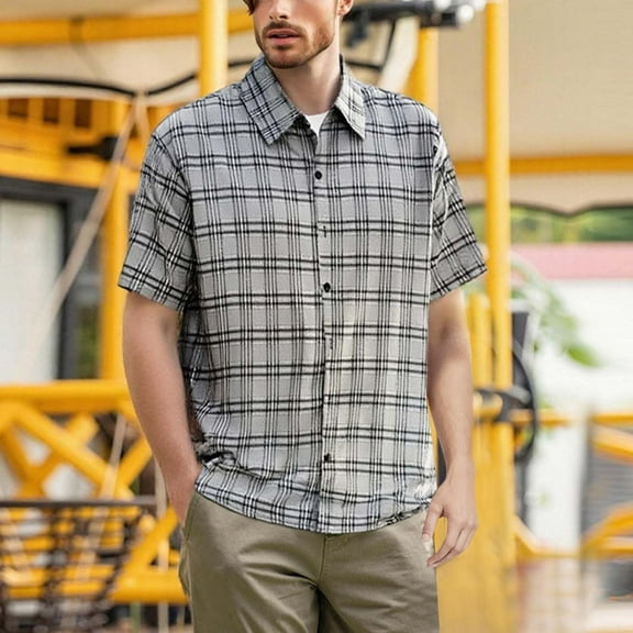 Awdenio Mens Shirts Casual Plaid Turndown Collar Poket Casual Short Sleeve Buttons Shirt Stretchy, Comfortable Fit for Summer
