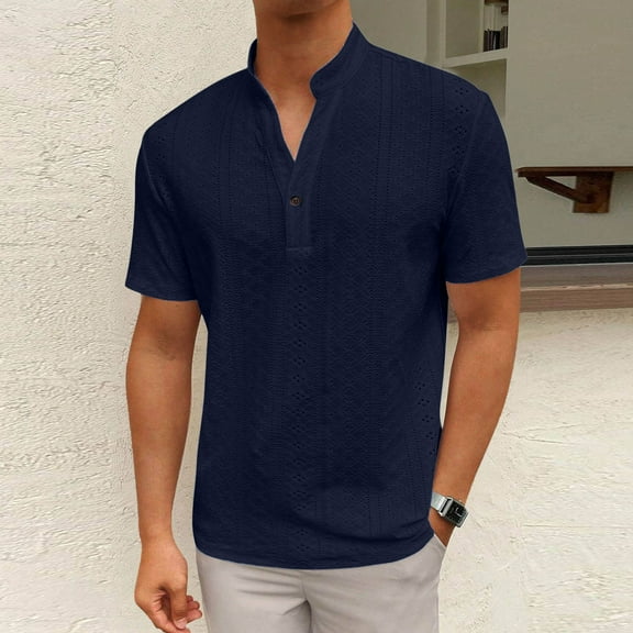 Awdenio Mens Shirts Casual Short Sleeve Shirt Summer Beach Hippie Tshirt Band Collar Shirt for Men