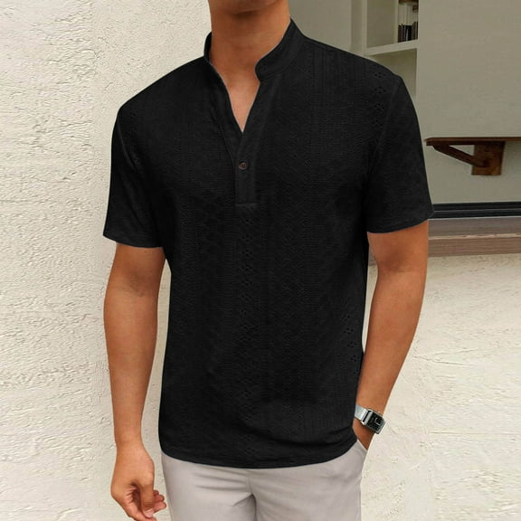 Awdenio Mens Shirts Casual Short Sleeve Shirt Summer Beach Hippie Tshirt Band Collar Shirt for Men