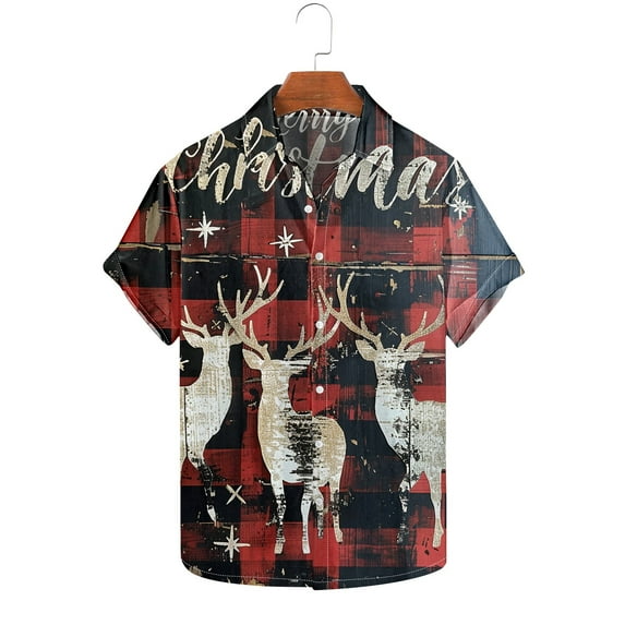 Awdenio Mens Shirts Christmas Hawaiian Shirt for Men Short Sleeve Button Down Plaid Santa Vacation Dress Shirts,Size 2XL