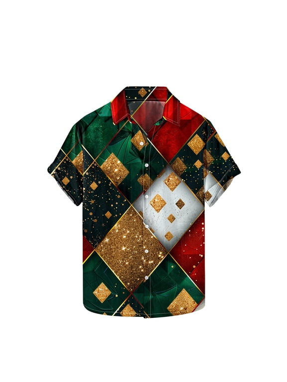 Mens Shirts Christmas Hawaiian Shirt for Men Short Sleeve Button Down Plaid Santa Vacation Dress Shirts,Size 5XL