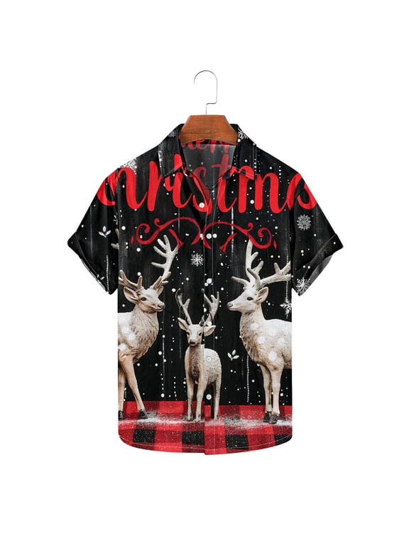 Mens Shirts Christmas Hawaiian Shirt for Men Short Sleeve Button Down Plaid Santa Vacation Dress Shirts,Size L