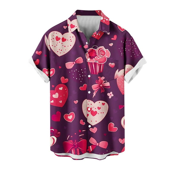 Awdenio Mens Shirts Hawaiian Shirt for Men Casual Button Down Shirt Short Sleeve Valentine's Day Heart Beach Print Tropical Hawaii Shirts