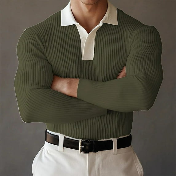 Awdenio Mens Shirts Ribbed Knit Sweater Casual Long Sleeve Sweater Collared Shirts Solid Pullover Tops