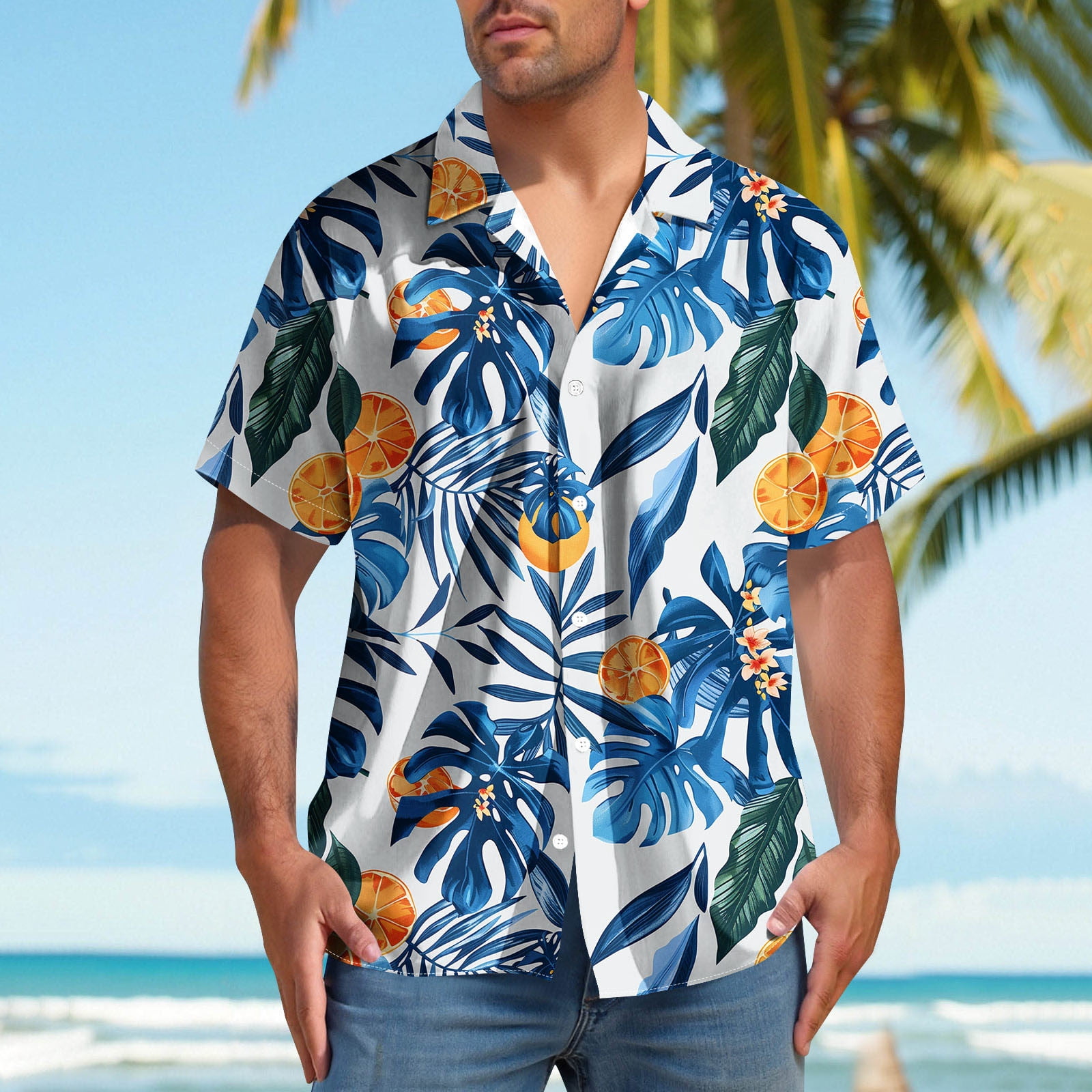 Uxcell Men's Short Sleeve Button-Down Shirt – Floral Print Denim Blue