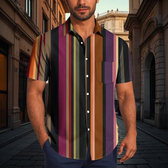 Awdenio Mens Shirts Striped Casual Short Sleeve Button Down Summer Beach Shirt Tropical Hawaiian Shirts