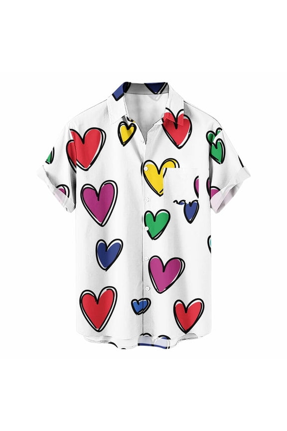 Mens Shirts Valentines Day Shirt Heart Print Button Down Collared Short Sleeve Hawaiian Shirt