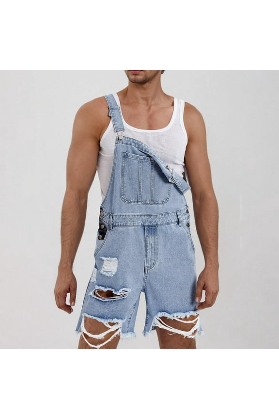 Mens Shorts Casual Denim Shorts Bib Overall Jean Romper Casual Loose Fit Walkshort Button Pockets Summer Jumpersuit