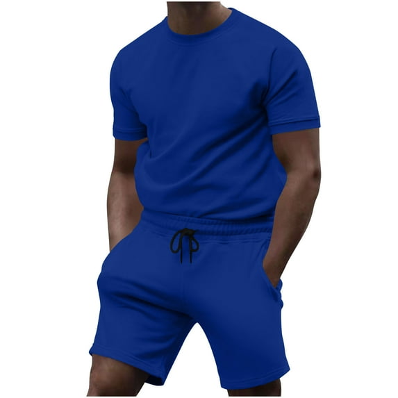Awdenio Mens Soprt Set Two-piece Solid Color Casual Short-sleeved T-shirt and Short Pants Summer Vacation Wear