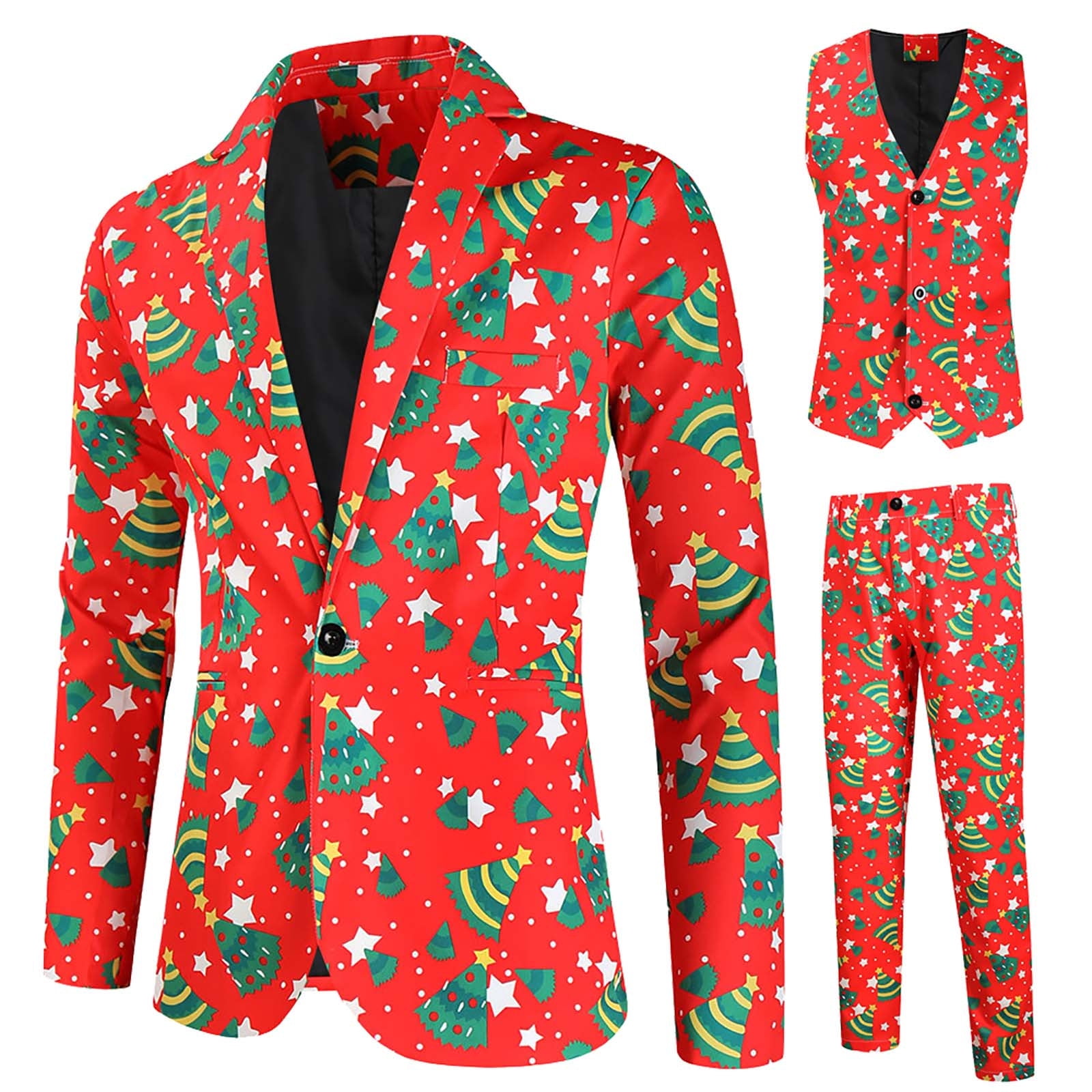 Awdenio Mens Christmas Suit Sets Long Sleeve Slim Fit Santa Claus Print Suit Coat Vest Pants