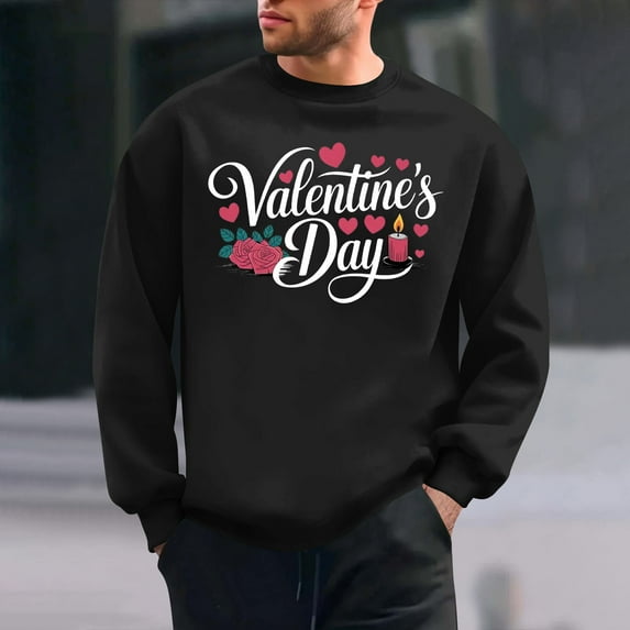 Awdenio Mens Sweatshirt Valentines Day Long Sleeve Round Neck Cute Love Heart Pattern Printed Pullover Tops Valentines Gift