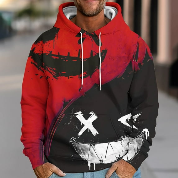 Awdenio Mens Sweatshirts Fashion Hooded Down Shoulder Sleeve Face Print Loose Hoodie Printed Pullover Dstring Long Sleeve Top Halloween Shirt
