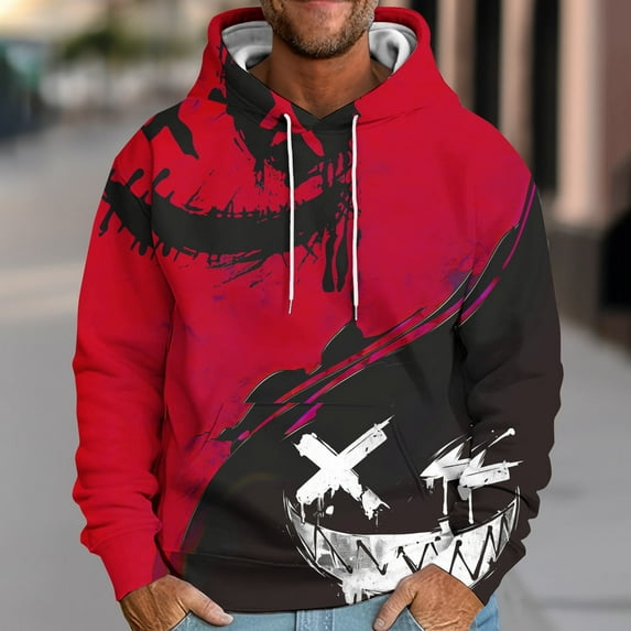 Awdenio Mens Sweatshirts Fashion Hooded Down Shoulder Sleeve Face Print Loose Hoodie Printed Pullover Dstring Long Sleeve Top Halloween Shirt