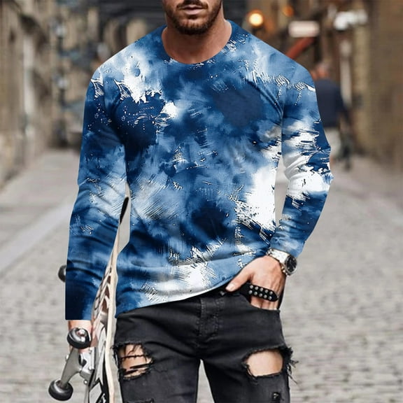 Awdenio Mens T Shirts Tie Dye Print Graphic T Shirt Long Sleeve Spring T-Shirt Novelty Casual Tee