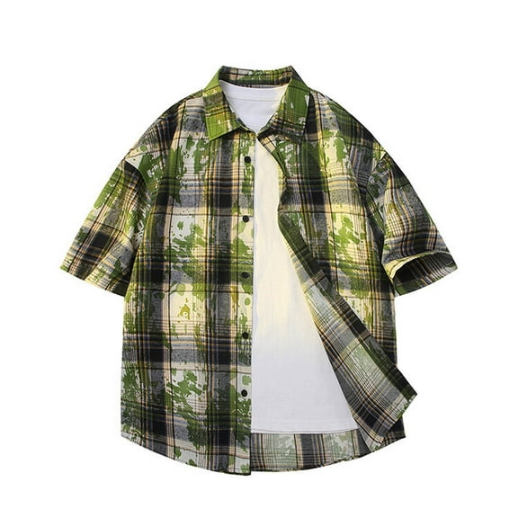 Awdenio Mens T-Shirts Plaid Short Sleeve Shirt Casual Button Double Lapel Pockets