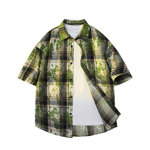 Awdenio Mens T-Shirts Plaid Short Sleeve Shirt Casual Button Double Lapel Pockets
