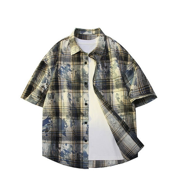 Awdenio Mens T-Shirts Plaid Short Sleeve Shirt Casual Button Double Lapel Pockets