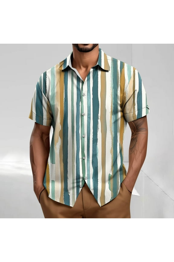 Mens T-Shirts Summer Striped Shirts Casual Cuban Shirt Texture Button Down Shirts for Beach Vacation
