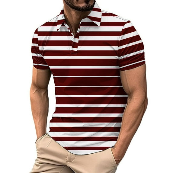 Awdenio Mens T-shirt Button Casual Fashion Business Short Sleeved Shirt Printed Athletic Top With Lapel for Outdoor Activities,Red,3XL