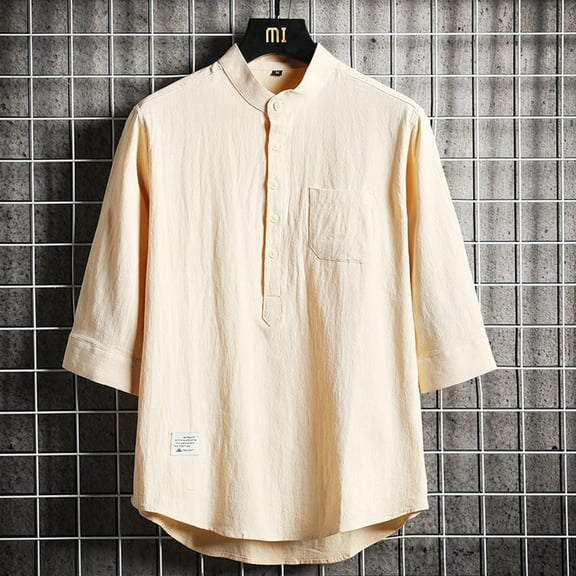 Awdenio Mens T-shirt Casual Fashion Solid Turn-down Collar Button Elbow Sleeve Blouse Tops Shirt for Every Occasion,Beige,XL