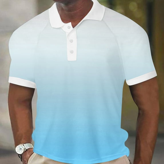 Awdenio Mens T-shirt Casual Gradient Printed Short Sleeve Turn Down Collar Buttons Side Split T-Shirt Blouse Tops Relaxed Fit, Casual Summer Tee Top for Daily Wear