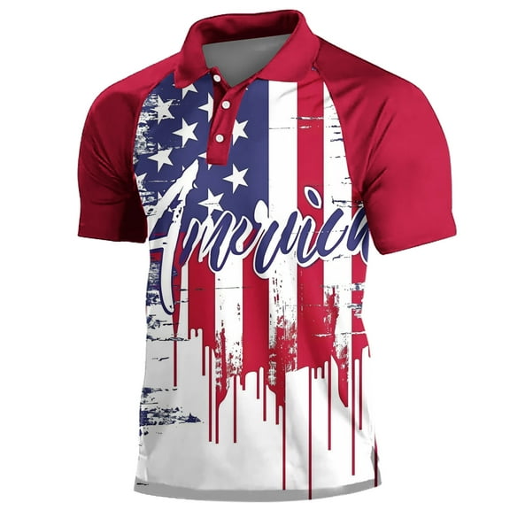 Awdenio Mens T-shirt Casual Independence Day Printed Short Sleeve Turn Down Collar Buttons Side Split T-Shirt Blouse Tops Perfect for Everyday Wear and Outdoors Activities Hot