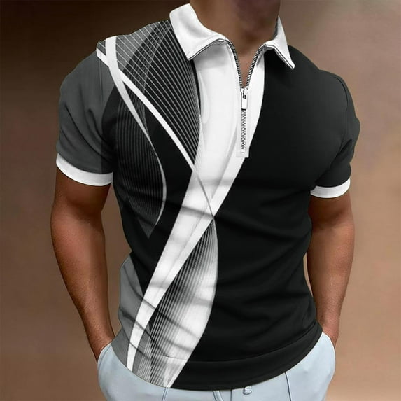 Awdenio Mens T-shirt Casual Printed Short Sleeve Turn Down Collar Zipper T-Shirt Blouse Tops Casual Sportswear, Universal Fit