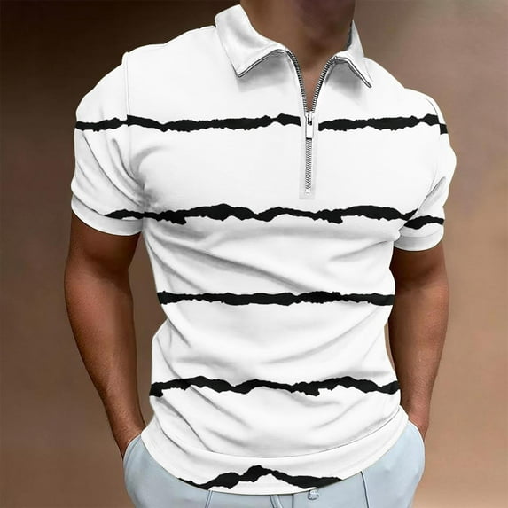 Awdenio Mens T-shirt Casual Printed Short Sleeve Turn Down Collar Zipper T-Shirt Blouse Tops Comfortable, Lightweight And Breathable