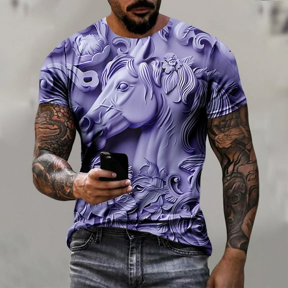 Awdenio Mens T-shirt Casual Relief Steed Print Graphic Tee Outdoor Daily Vacation Short Sleeve Crew Neck Shirt Wear For Daily, Outdoor, Street, And Vacation Resorts