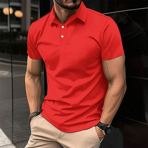 Awdenio Mens T-shirt Casual Solid Short Sleeve Turn Down Collar Buttons T-Shirt Blouse Tops Perfect for Casual Street Wear