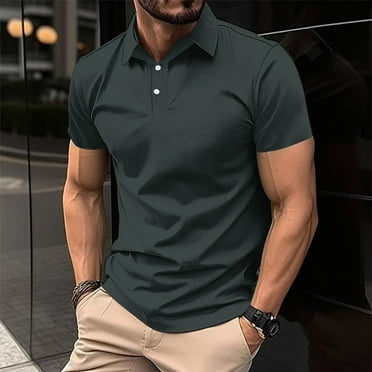 Awdenio Mens T-shirt Casual Solid Short Sleeve Turn Down Collar Buttons T-Shirt Blouse Tops Perfect for Casual Street Wear