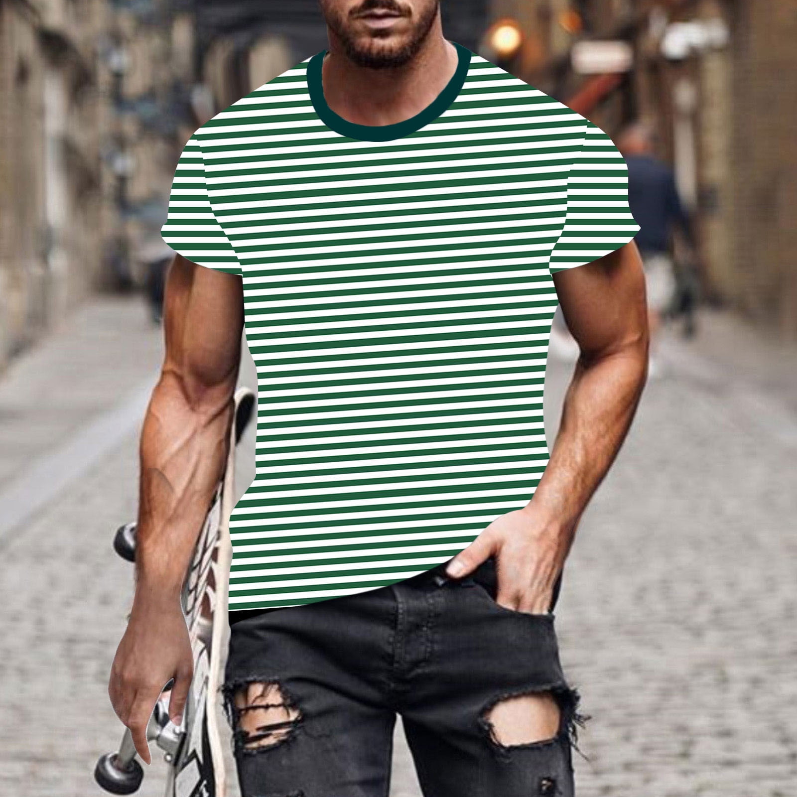 【新作からSALEアイテム等お得な商品満載】 T-shirt Mens Awdenio Casual Round Sleeve Short Print Stripe Clothing