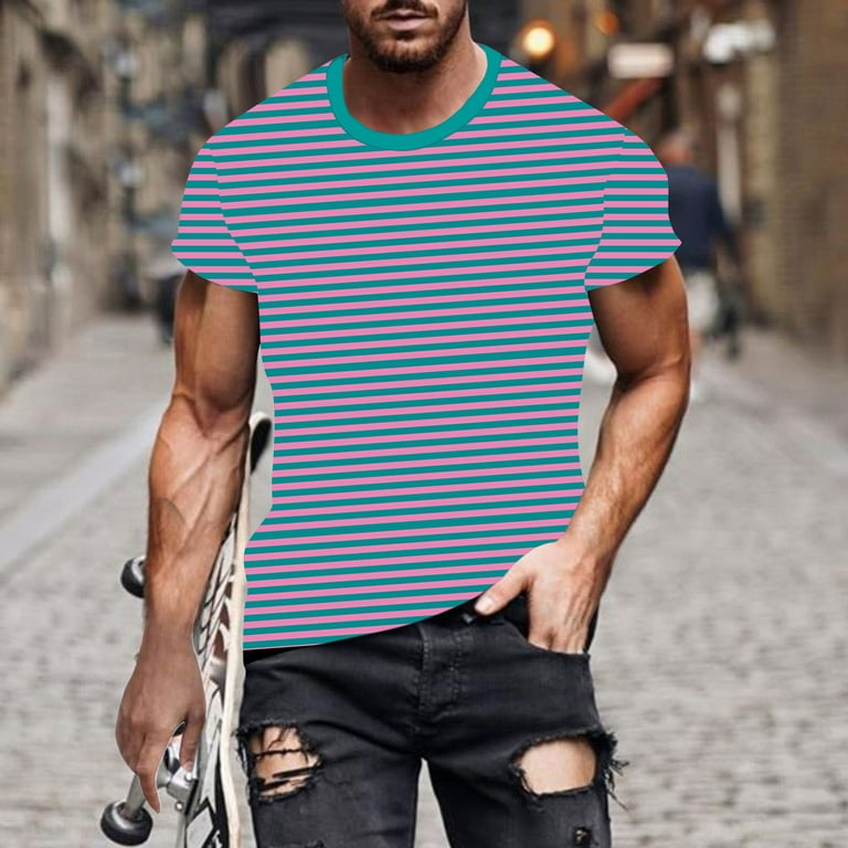 Awdenio Mens T-shirt Casual Stripe Print Short Sleeve Round Neck