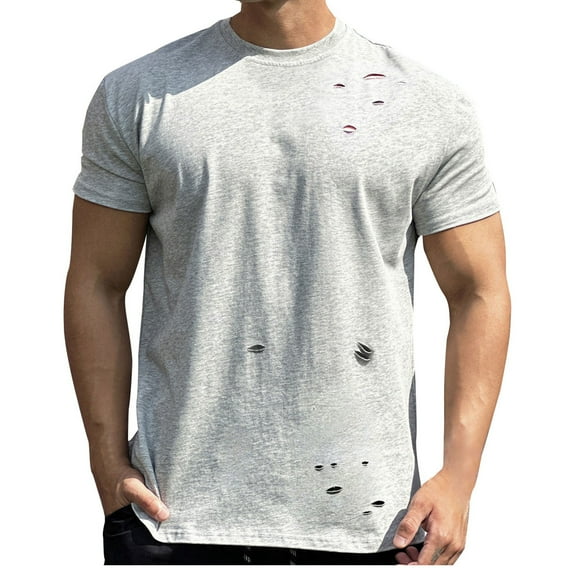 Awdenio Mens T-shirt s Fashion Casual Solid Round Neck Tops Perforated Sports Short Sleeves for Daily Wear,Gray,2XL