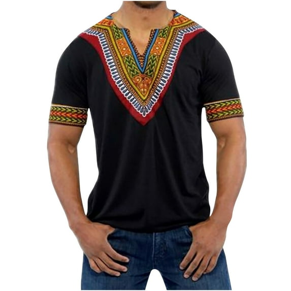 Awdenio Mens T-shirt Fashion Casual Ethnic Style Printed Short-sleeved V-neck Bottom Shirt Top/shirt Blouses Machine Washable, Perfect for Summer Casual Wear