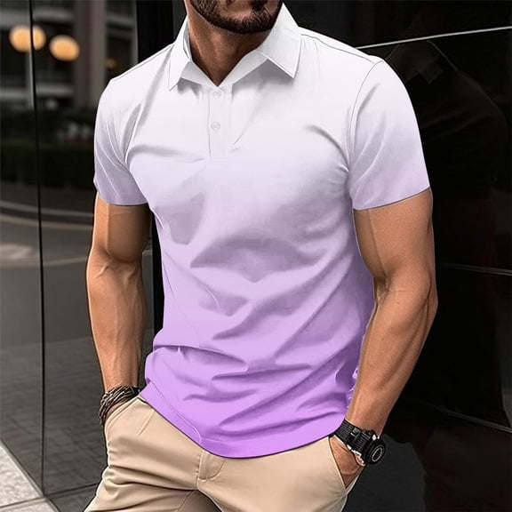 Awdenio Mens T-shirt Gradient Casual Printed Short Sleeve Turn Down Collar Buttons Side Split Blouse Tops for Daily Wear,Purple,4XL