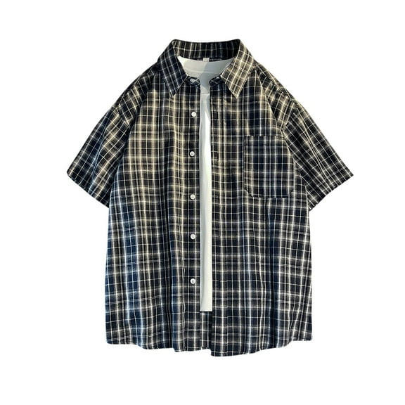 Awdenio Mens T-shirt Lapel Short Sleeved Plaid Top Shirt Lapel Top/shirt Comfortable, Breathable, for Daily Casual Wear