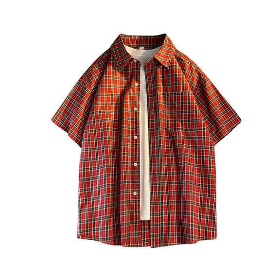 Awdenio Mens T-shirt Lapel Short Sleeved Plaid Top Shirt Lapel Top/shirt Comfortable, Breathable, for Daily Casual Wear
