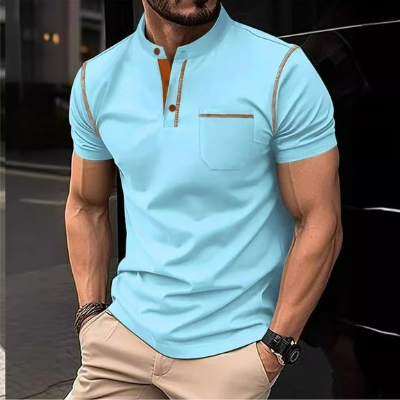 Awdenio Mens T-shirt Patchwork Button-Up Short Sleeve Stand Collar Top Stand Collar Top/Shirt Comfortable, Breathable, for Daily Casual Wear