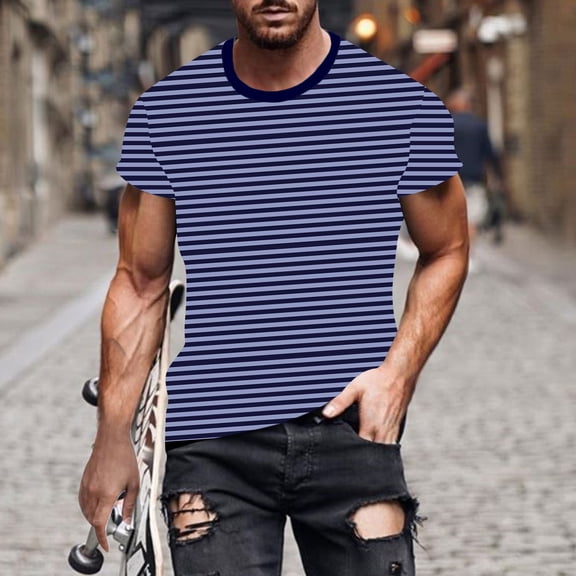 Awdenio Mens T-shirt Striped Casual Print Fashion Shirt Printed Short Sleeve Round-Neck Top for Stylish Casual Wear,Size M-4XL