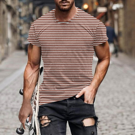 Awdenio Mens T-shirt Striped New Fashion Casual T-shirt Print Sports Short Sleeve Round-Neck Blouses Shirts Durable, Stretch & Stylish,Size M-4XL