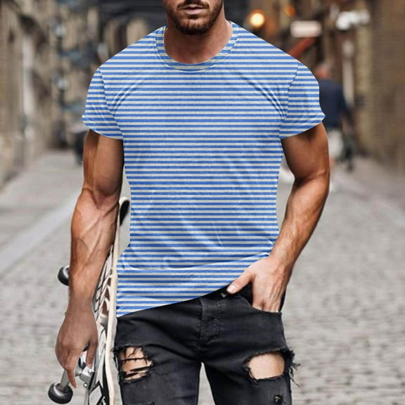 Awdenio Mens T-shirt Striped New Fashion Casual T-shirt Print Sports Short Sleeve Round-Neck Blouses Shirts Durable, Stretch & Stylish,Size M-4XL