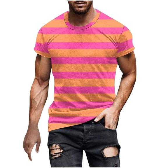 Awdenio Mens T-shirt Striped Print Fallow Round Neck T-shirt Casual Fashion Short Sleeve Perfect for Summer Outdoors,Size M-5XL