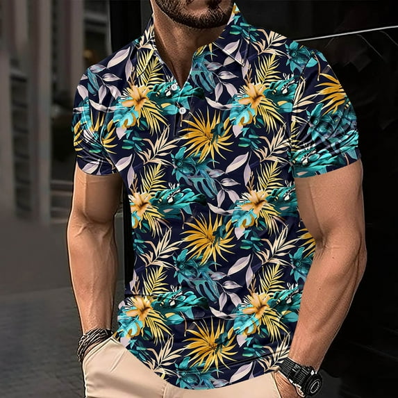 Awdenio Mens T-shirt Summer Button Printed Short Sleeved Lapel Top Eye-Catching Vintage Style Clothing,Size XS-4XL
