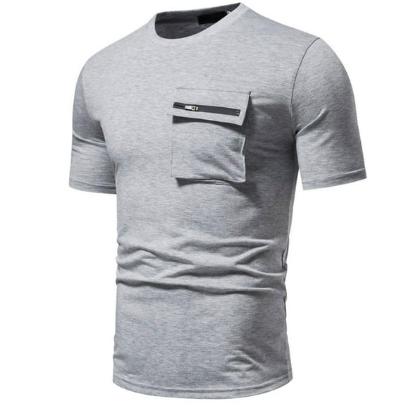 Awdenio Mens T-shirt Summer Solid Color Slim Fitting Pocket Short Sleeved Round Neck Shirts for Stylish Casual Wear,Size S-2XL