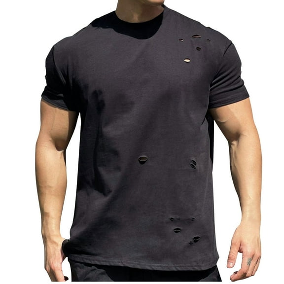 Awdenio Mens T-shirt s Fashion Casual Solid Round Neck Tops Perforated Sports Short Sleeves for Daily Wear,Black,L